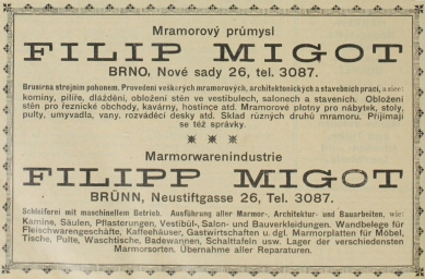 Obnova náhrobku rodiny Migot  - Reklama na firmu Filip Migot z roku 1925, uveřejněná v Adressbuch von Gross Brünn