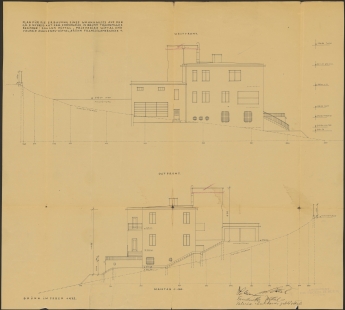 Příběh vily Wittal - Stavební dokumentace k vile Wittal od Heinricha Bluma z února 1932, pohled ze západu a pohled z východu. Archiv města Brna, fond B1/49 Hroznová 39