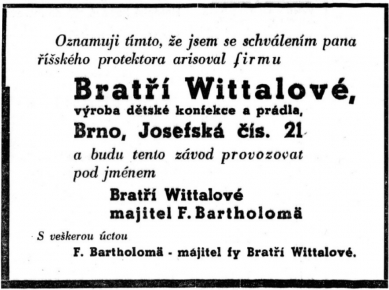 Příběh vily Wittal - Informace o změně majitele firmy Brüder Wittal. Moravská orlice 3.6.1942