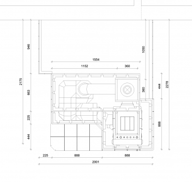 Heat storage stoves in Kácov - The floor plan of the stone with connection to the pulling system. Created in the stove design program Palette CAD.
