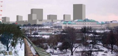 Věda, architekti a památky - <B>Vídeň</B>: Nádraží a kancelářský komplex Wien - Europa Mitte, vizualizace 2005. Nové centrální nádraží Wien - Europa Mitte při jižním vstupu do barokního zámeckého areálu Belveder mělo doprovázet podle původního projektu osm hranolových věží, realizovat se má jedna (od 2005). - foto: vizualizace Bundesdenkmalamt