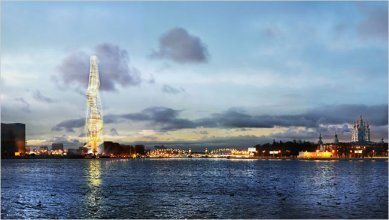 Věda, architekti a památky - <B>Petrohrad</B>: Gazprom City, návrh J. Herzoga a P. de Meurona, svým subtilním a skulpturálním charakterem poměrně nejlépe reagující na absurdní zadání. - foto: archiv autora