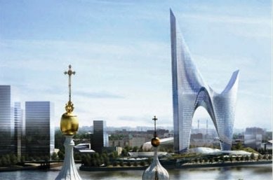 Věda, architekti a památky - <B>Petrohrad</B>: Gazprom City, návrh D. Libeskinda. Velkopanské gesto (azbukové G) s banálním hranolovým městečkem v sousedství. - foto: archiv autora