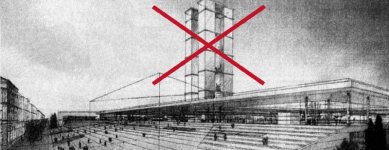 Věda, architekti a památky - <B>Bologna</B>: V roce 1997 zabránilo referendum v Bologni demolici neorenesančního železničního nádraží a výstavbě nového s dvojicí hranolových věží podle návrhu architekta Ricarda Bofilla. Plakáty odpůrců novostavby nádraží. - foto: archiv autora