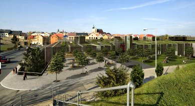 Věda, architekti a památky - <B>Regenerace a dialog počesku</B>: Kuba, Pilař - architekti, City Park Jihlava, 2006-08. Ve prospěch přízemního krabicového obchodního centra (25 000 m2, zhruba 12x větší než Prior) byla srovnána se zemí stoletá továrna se sedlovými a mansardovými střechami pod parkánovým hradebním okruhem. Patrně nejdrastičtější intervence do historického prostředí v Česku za posledních dvacet let, z dílny studia jindy vykazujícího překvapivý cit pro nadčasové kvality architektury (kaple v Jestřebí, rekonstrukce radnice v Brtnici). - foto: vizualizace City Park Jihlava