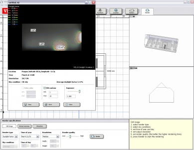 VELUX Daylight Visualizer - <B>Screenshoty</B> - Vyhodnocení činitele denní osvětlenosti na srovnávací rovině – ve vizualizaci lze zobrazit izočáry, hodnoty v konkrétních bodech, pod vizualizací je uvedena i průměrná hodnota č.d.o. pro celou místnost.  - foto: VELUX