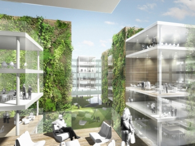 Čestná uznání za projekty v Belgii, Itálii a Srbsku - Hosoya Schaefer Architects: Kancelářská budova se zeleným atriem, Milano<br>View into the “Hypercore”.