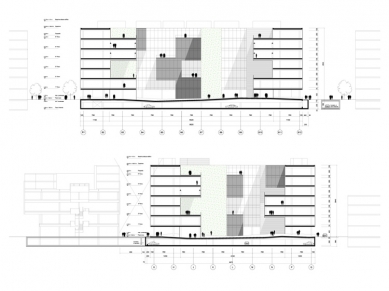 Čestná uznání za projekty v Belgii, Itálii a Srbsku - Hosoya Schaefer Architects: Kancelářská budova se zeleným atriem, Milano<br>Sections.