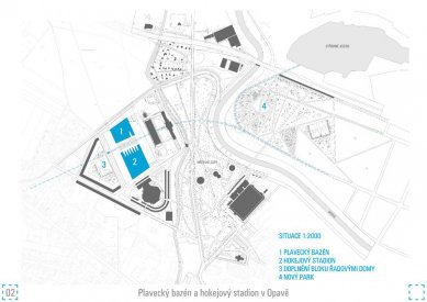 Plavecký a hokejový stadion v Opavě - výsledky soutěže - odměna - soutěžní návrh č. 14<br>Autoři: Ing.arch.Bc.A.Barbora Ponešová, PhD., Brno; Martin Daněk, Oldřišov; Martin Doležel, Boskovice; Klára Stachová, Křelov