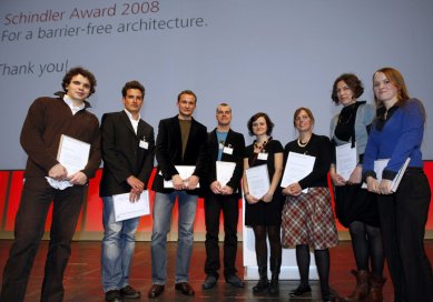 Schindler Award 2008 vyhrál německý tým z Koblenz - Zleva: Krisztián Csémy (3. místo), Nils Krieger a Thorsten Stelter (1. místo), Jakub Krčmář a Martina Šotkovská (2. místo), Anne-Emmanuelle Métivier a Anne-Laure Touchais (4. místo), Lydia Anukka Lehmann (5. místo)