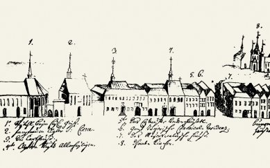 Středoevropské forum Olomouc - architektonická studie - Pohled na část olomouckého Předhradí – vlevo pod č. 1 špitální kostel sv. Ducha, 1745 - foto: © Muzeum umění Olomouc