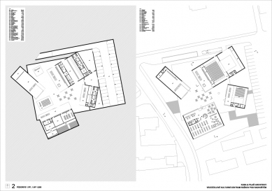 Výsledky soutěže na kulturní centrum v Rožnově pod Radhoštěm - 1. cena - Půdorys 1PP a 1NP - foto: KUBA & PILAŘ architekti