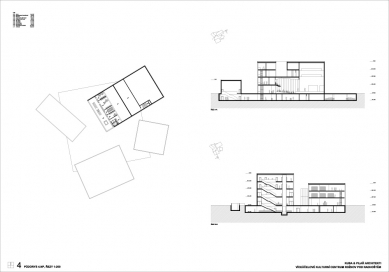 Výsledky soutěže na kulturní centrum v Rožnově pod Radhoštěm - 1. cena - Půdorys 4NP a řezy - foto: KUBA & PILAŘ architekti
