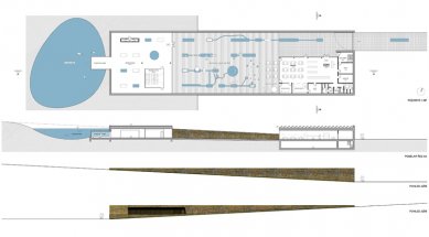 "Vodní dům" - 3. cena - Půdorys 1NP, podélný řez, pohledy - foto: Ing. arch. Vratislav Danda, Ing. arch. Pavel Ullmann, Ing. arch. Radovan Kupka, Ing. arch. Ondřej Smolík, Ing. arch. Jaromír Kosnar