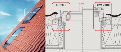 Výrobky VELUX vhodné do nízkoenergetických staveb - Zateplená lemování – lemování se zateplovací sadou BDX slouží k optimálnímu zateplení okna a přispívá ke snížení tepelných ztrát. Pomocí lemování EDJ 2000 je střešní okno zapuštěno do konstrukce střechy o 40 mm níže, oproti montáži s lemováním EDW 2000. Tím je zajištěna jednak vodotěsnost a ochrana proti povětrnostním vlivům, zlepšení tepelně-technických vlastností okna, ale navíc z estetického hlediska také nenápadná instalace do střešní krytiny.